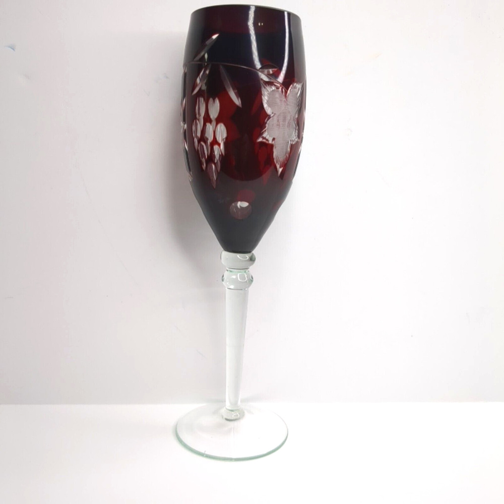 Ajka Marsala Cut Clear Crystal Tall Stem Ruby Red Champagne Flute Glasses 10"